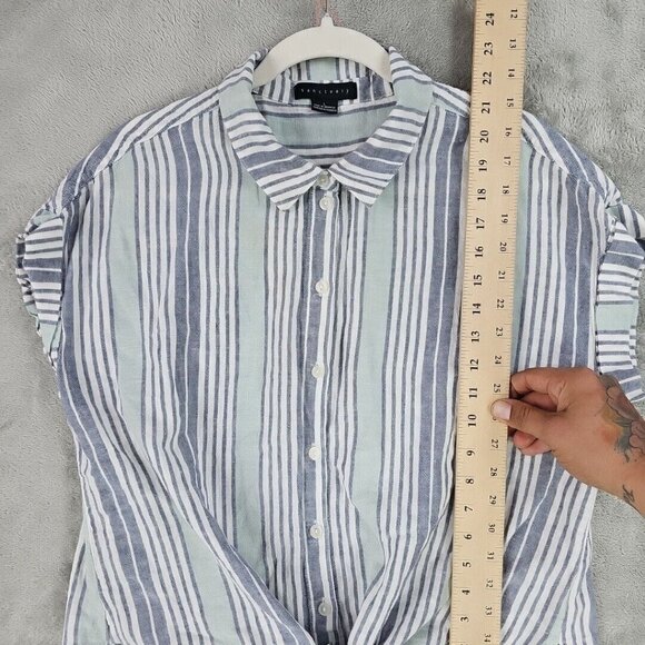 Sanctuary Shirt Womens Size L Linen Blend Oversized Tie Front Blue Mint Striped - Picture 5 of 8